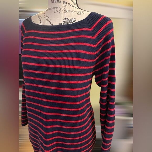 Lauren Ralph Lauren Women’s Size Large Navy & Red Striped Sweater • Relaxed Fit - Picture 6 of 16